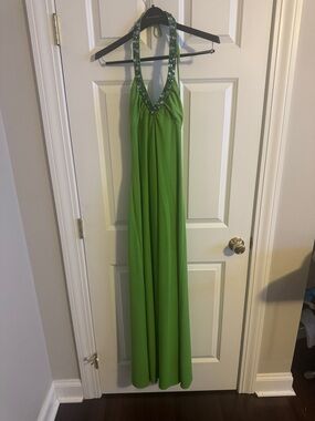 Morgan & Co. Lime Green Halter Backless Evening Gown